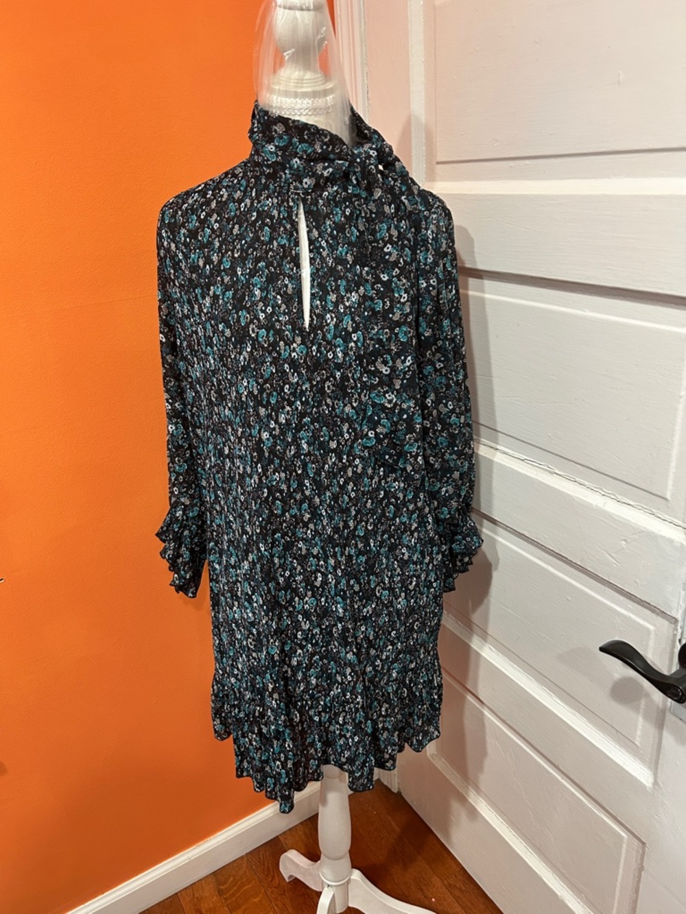 Zara Black Mini Dress with Teal Floral Print and Tie Neck